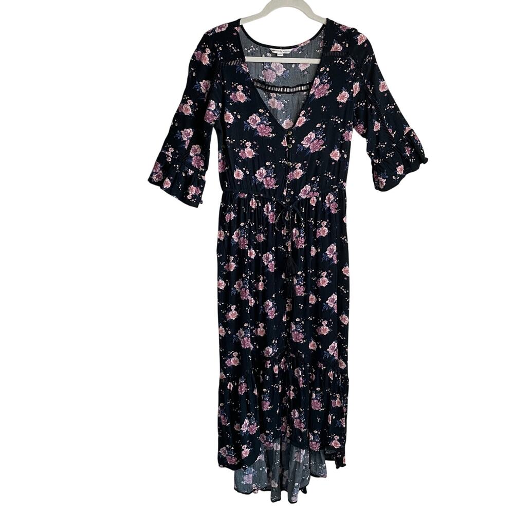American Eagle Maxi Dress Sz M Button Front Tie Waist Black Floral Prairie Boho